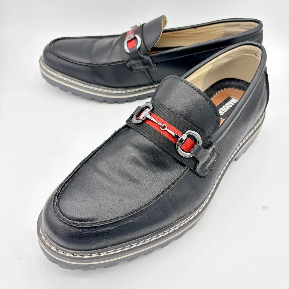 Steve Madden Karver Mens Bit Loafers Black Webbing‎ Strap Lug Sole 9.5